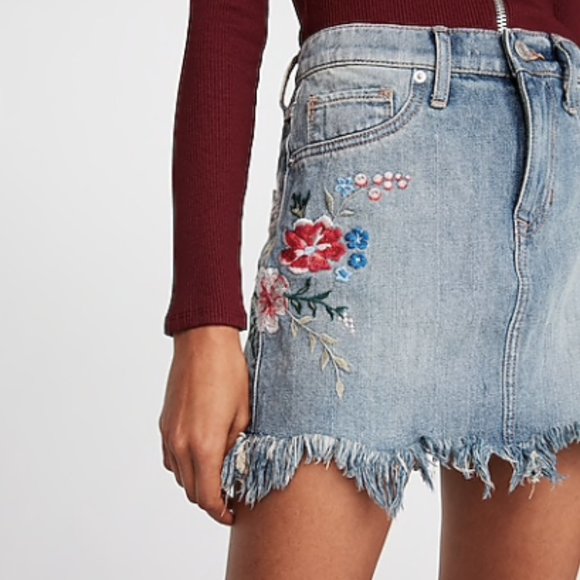 Express Dresses & Skirts - Express I Floral Embroidery Denim Mini Skirt 2